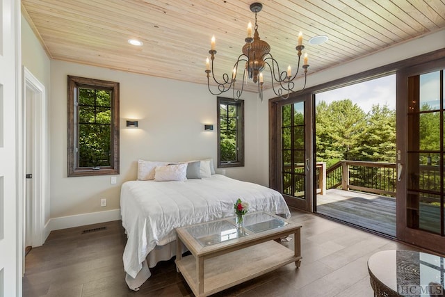 bedroom featuring access to exterior, hardwood / wood-style flooring, wooden ceiling, and a chandelier