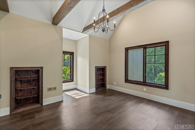 unfurnished living room with beamed ceiling, dark wood-type flooring, high vaulted ceiling, and a notable chandelier