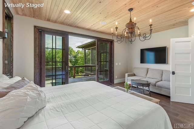 bedroom with wood ceiling, an inviting chandelier, hardwood / wood-style floors, and access to outside