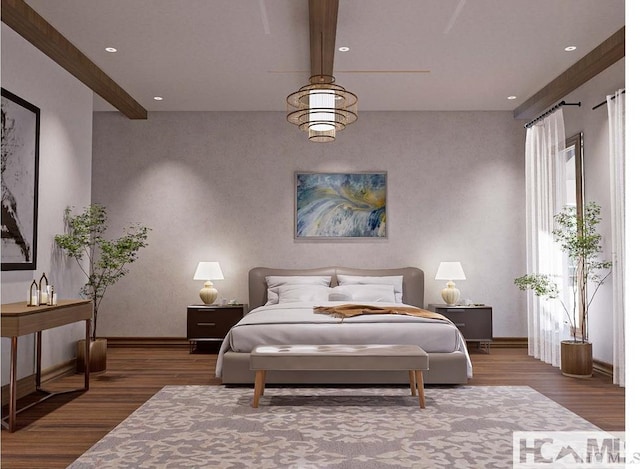 bedroom featuring wood finished floors, beamed ceiling, baseboards, and recessed lighting