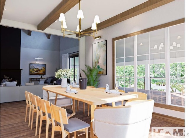 dining space featuring an inviting chandelier, beam ceiling, and wood finished floors