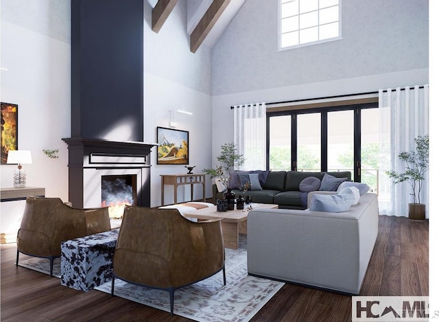living area with wood finished floors, high vaulted ceiling, a fireplace, and beamed ceiling