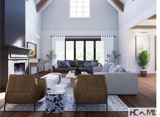 living area featuring beamed ceiling, high vaulted ceiling, wood finished floors, and a fireplace