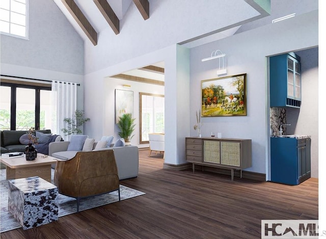 living room featuring beamed ceiling, high vaulted ceiling, wood finished floors, and a healthy amount of sunlight