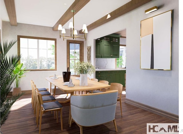 dining room with beamed ceiling, dark wood-style floors, and plenty of natural light