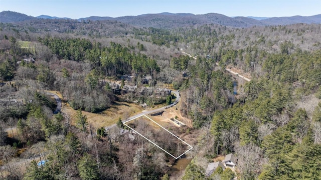 drone / aerial view with a forest view and a mountain view