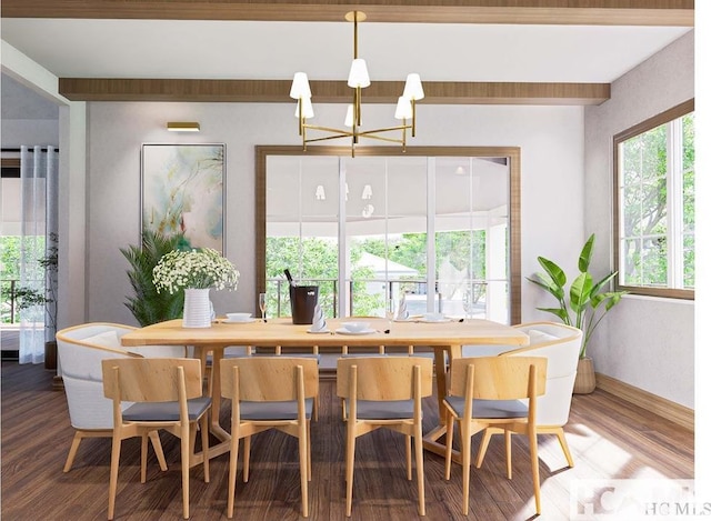 dining area with baseboards, a notable chandelier, and wood finished floors
