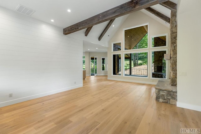 unfurnished living room featuring light hardwood / wood-style floors, beamed ceiling, and high vaulted ceiling