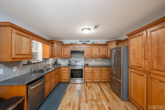 kitchen with tasteful backsplash, sink, light hardwood / wood-style flooring, and appliances with stainless steel finishes