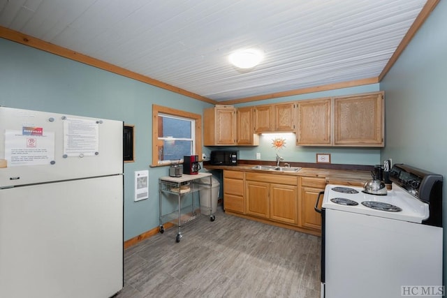 kitchen with white fridge, sink, electric range, crown molding, and light brown cabinets