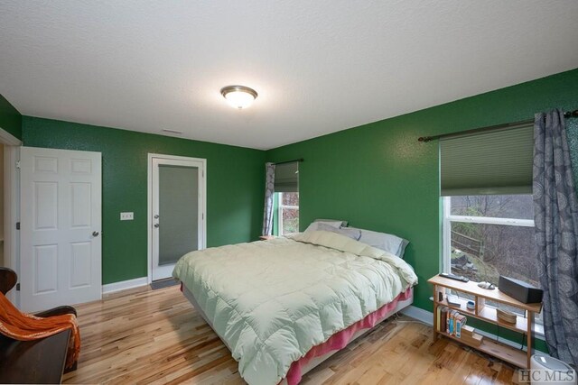 bedroom with multiple windows, a closet, and light hardwood / wood-style flooring