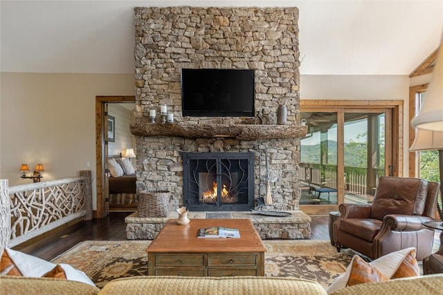 541 Summer Hill Rd, Cullowhee, NC 28723 - living area with hardwood / wood-style floors, a fireplace, and vaulted ceiling