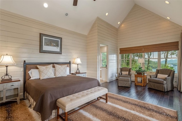 541 Summer Hill Rd, Cullowhee, NC 28723 - bedroom with high vaulted ceiling, hardwood / wood-style flooring, wood walls, and recessed lighting