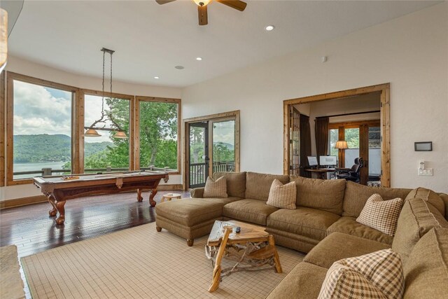 541 Summer Hill Rd, Cullowhee, NC 28723 - living room with billiards, plenty of natural light, a ceiling fan, hardwood / wood-style flooring, and recessed lighting