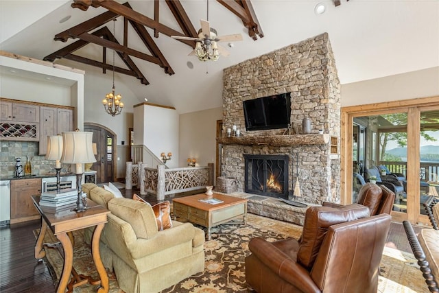 541 Summer Hill Rd, Cullowhee, NC 28723 - living area featuring a stone fireplace, beamed ceiling, dark wood finished floors, high vaulted ceiling, and ceiling fan