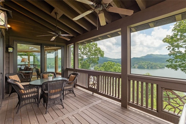541 Summer Hill Rd, Cullowhee, NC 28723 - sunroom / solarium featuring ceiling fan, outdoor dining space, and a water and mountain view