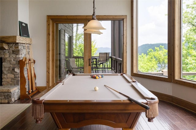 541 Summer Hill Rd, Cullowhee, NC 28723 - rec room featuring hardwood / wood-style flooring, billiards, and a stone fireplace