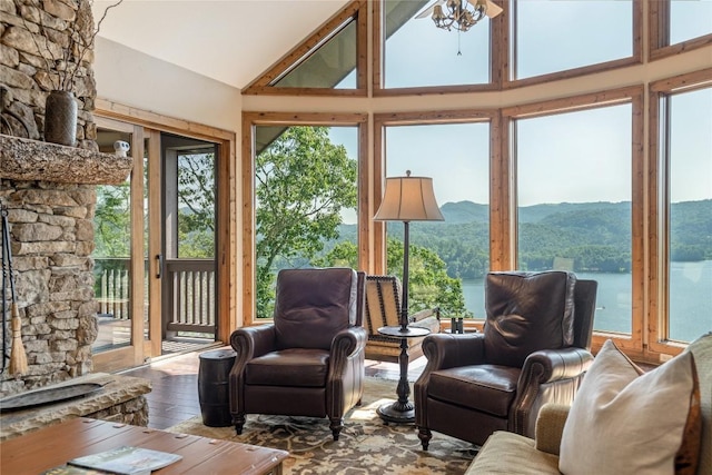 541 Summer Hill Rd, Cullowhee, NC 28723 - sunroom with a mountain view, wood-type flooring, and high vaulted ceiling