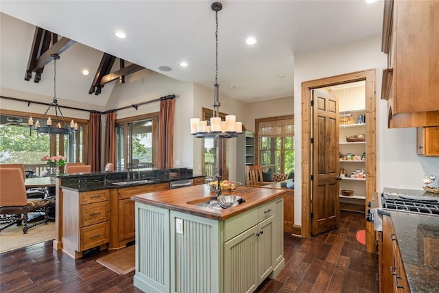 541 Summer Hill Rd, Cullowhee, NC 28723 - kitchen featuring stove, dark wood-type flooring, butcher block counters, a chandelier, and healthy amount of natural light