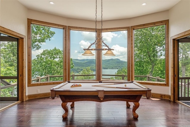 541 Summer Hill Rd, Cullowhee, NC 28723 - recreation room with pool table, wood-type flooring, recessed lighting, and a mountain view