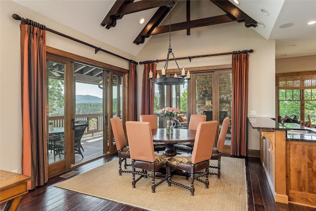 541 Summer Hill Rd, Cullowhee, NC 28723 - dining area with dark wood-type flooring, a mountain view, and recessed lighting