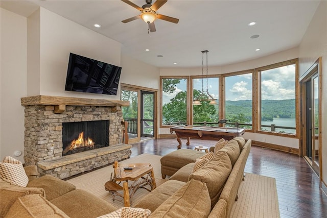 541 Summer Hill Rd, Cullowhee, NC 28723 - living area featuring billiards table, dark wood-type flooring, ceiling fan, a stone fireplace, and recessed lighting