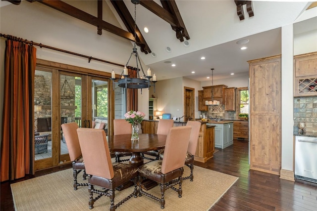 541 Summer Hill Rd, Cullowhee, NC 28723 - dining area featuring beam ceiling, high vaulted ceiling, dark wood-type flooring, and recessed lighting