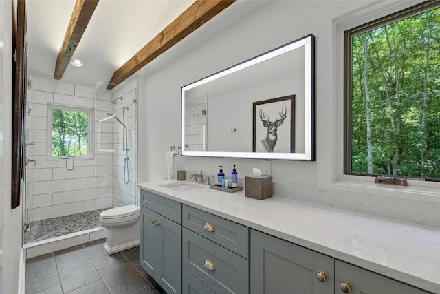 199 Springhead Trl, Cullowhee, NC 28723 - bathroom with toilet, vanity, a shower stall, tile patterned flooring, and beam ceiling