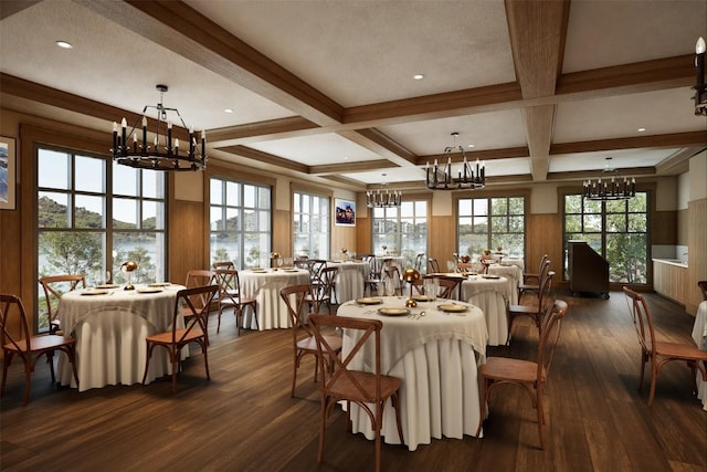 dining space with dark wood-type flooring, coffered ceiling, beam ceiling, and a notable chandelier