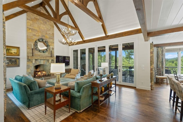199 Springhead Trl, Cullowhee, NC 28723 - living room with french doors, dark wood finished floors, beamed ceiling, a chandelier, and baseboards