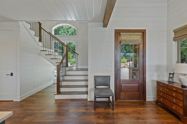 199 Springhead Trl, Cullowhee, NC 28723 - foyer entrance featuring wood finished floors, stairs, wooden walls, and wooden ceiling with exposed beams