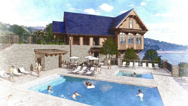 199 Springhead Trl, Cullowhee, NC 28723 - back of property with a patio area, a fenced backyard, stone siding, and an outdoor bar