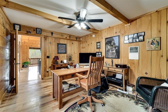 office space featuring light wood-style floors, wood walls, beamed ceiling, and ceiling fan