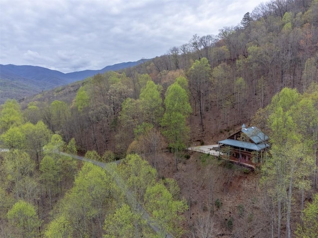 birds eye view of property with a forest view and a mountain view