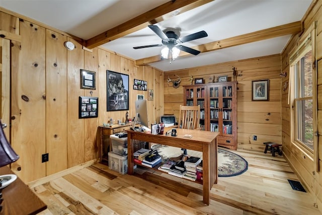 office space with beamed ceiling, light wood-type flooring, and wood walls