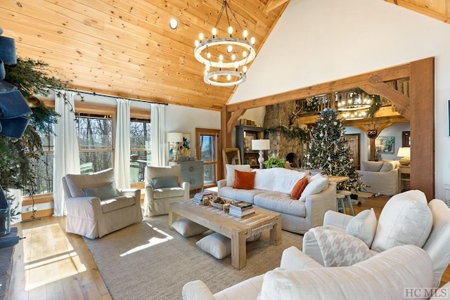 living area with a chandelier, wood ceiling, high vaulted ceiling, and wood finished floors