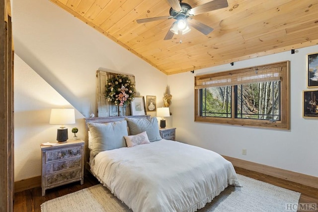 bedroom with wooden ceiling, baseboards, vaulted ceiling, and wood finished floors