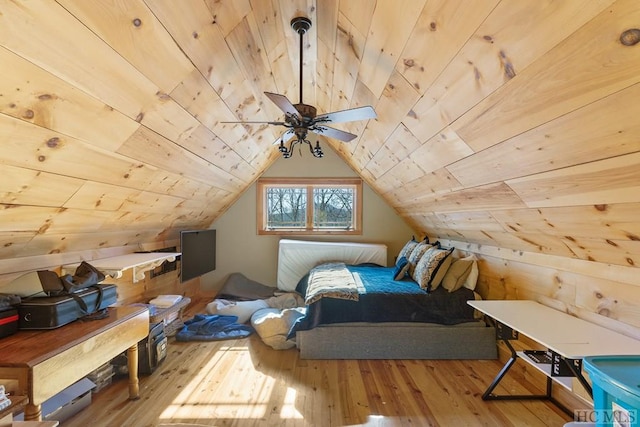 bedroom featuring lofted ceiling, hardwood / wood-style floors, wood walls, and wooden ceiling