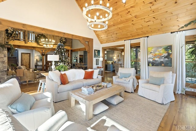 living area featuring high vaulted ceiling, hardwood / wood-style floors, wood ceiling, and an inviting chandelier