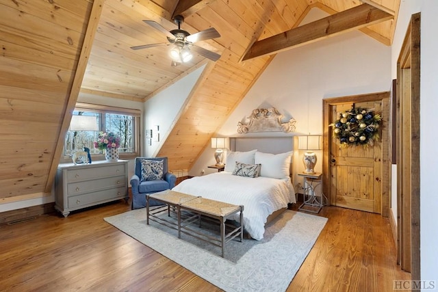 bedroom featuring lofted ceiling with beams, wood finished floors, wood ceiling, and a ceiling fan