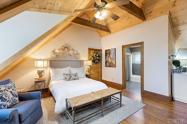 bedroom featuring vaulted ceiling with beams, ceiling fan, wood finished floors, wooden ceiling, and baseboards