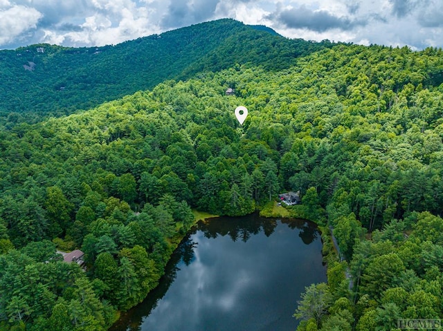 aerial view featuring a water and mountain view