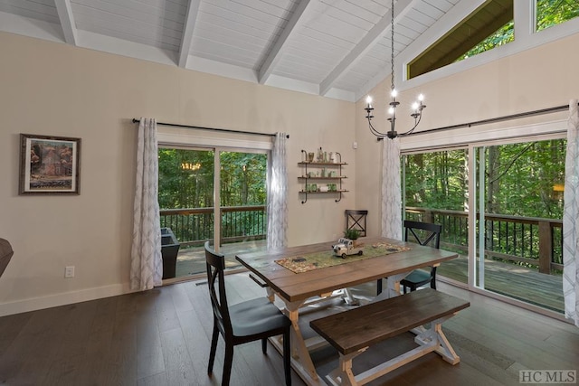 dining room featuring a notable chandelier, beam ceiling, hardwood / wood-style floors, and a wealth of natural light