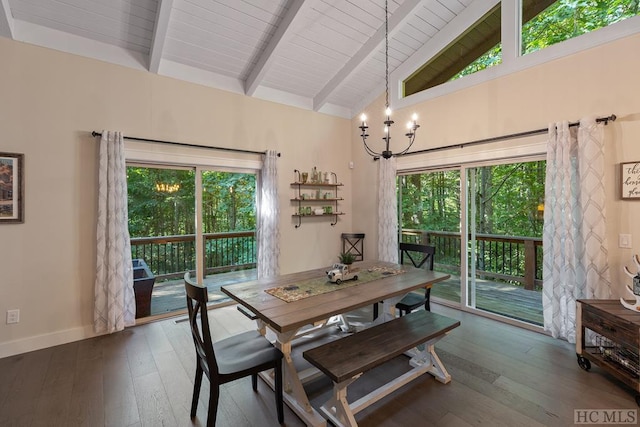 dining area with hardwood / wood-style flooring, a healthy amount of sunlight, a chandelier, and beamed ceiling