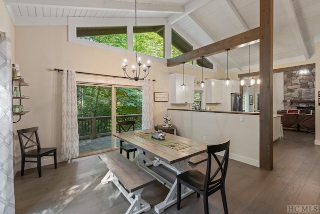 dining area featuring a notable chandelier, beam ceiling, high vaulted ceiling, and dark hardwood / wood-style floors