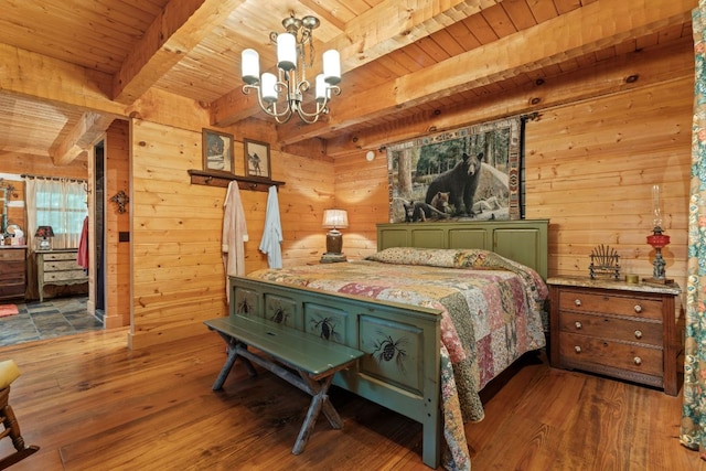 671 Walkingstick Rd, Highlands, NC 28741 - bedroom with a wooden ceiling with exposed beams, wood walls, a chandelier, and wood-type flooring