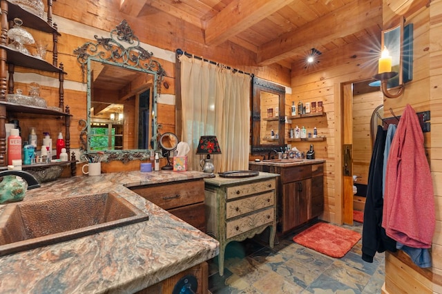 671 Walkingstick Rd, Highlands, NC 28741 - bathroom featuring wooden walls, a wood ceiling with exposed beams, vanity, and wood finished floors
