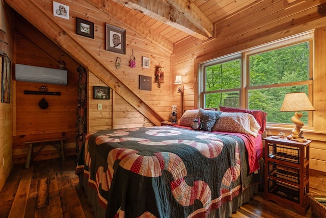 671 Walkingstick Rd, Highlands, NC 28741 - bedroom with a wall mounted AC, hardwood / wood-style floors, wood ceiling, and wooden walls