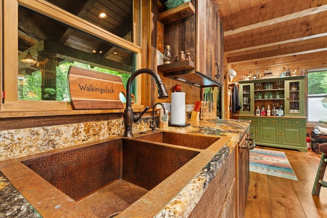 671 Walkingstick Rd, Highlands, NC 28741 - kitchen view of green cabinets, open shelves, wood finished floors, a wood ceiling with exposed beams, and wooden walls