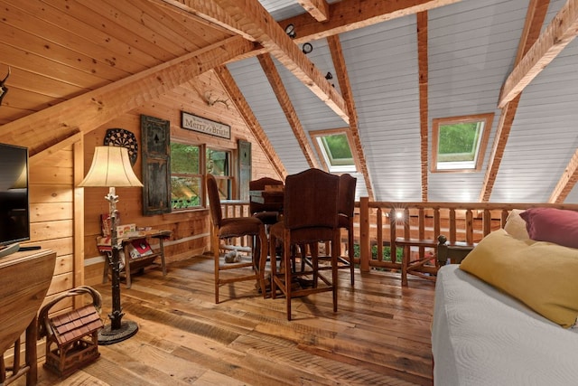 671 Walkingstick Rd, Highlands, NC 28741 - dining room with wooden walls, wood-type flooring, a skylight, and wooden ceiling